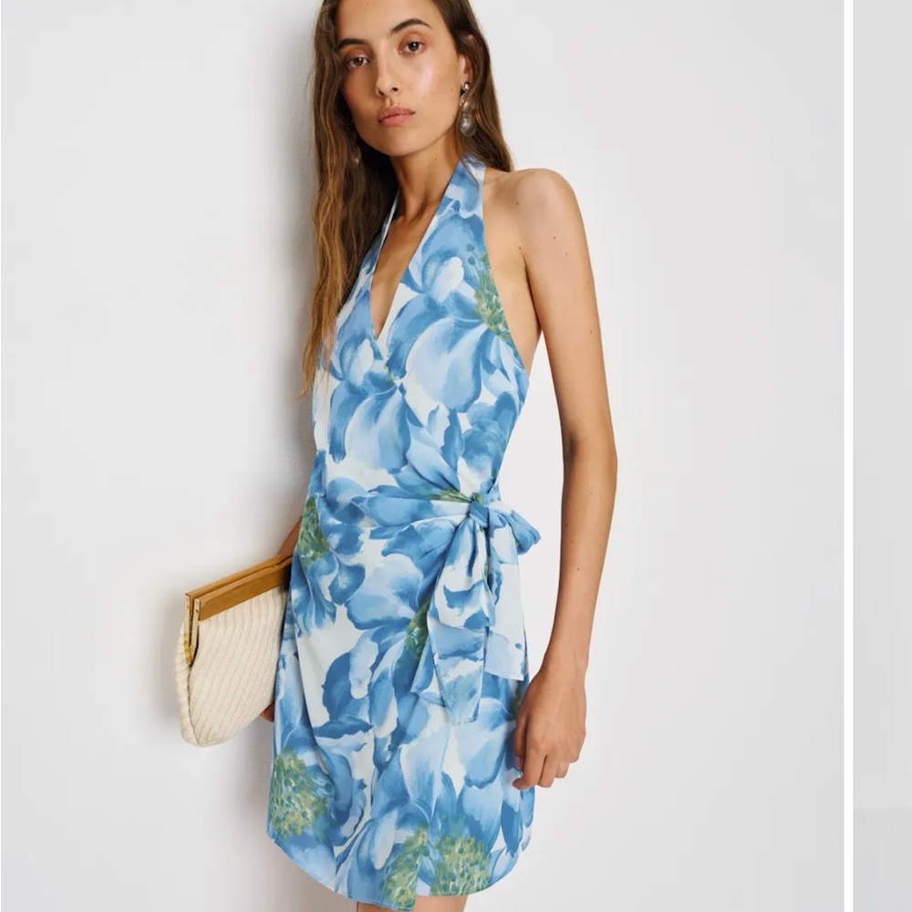 Reformation blue and Green Floral Mini wrap Eddis Dress XS